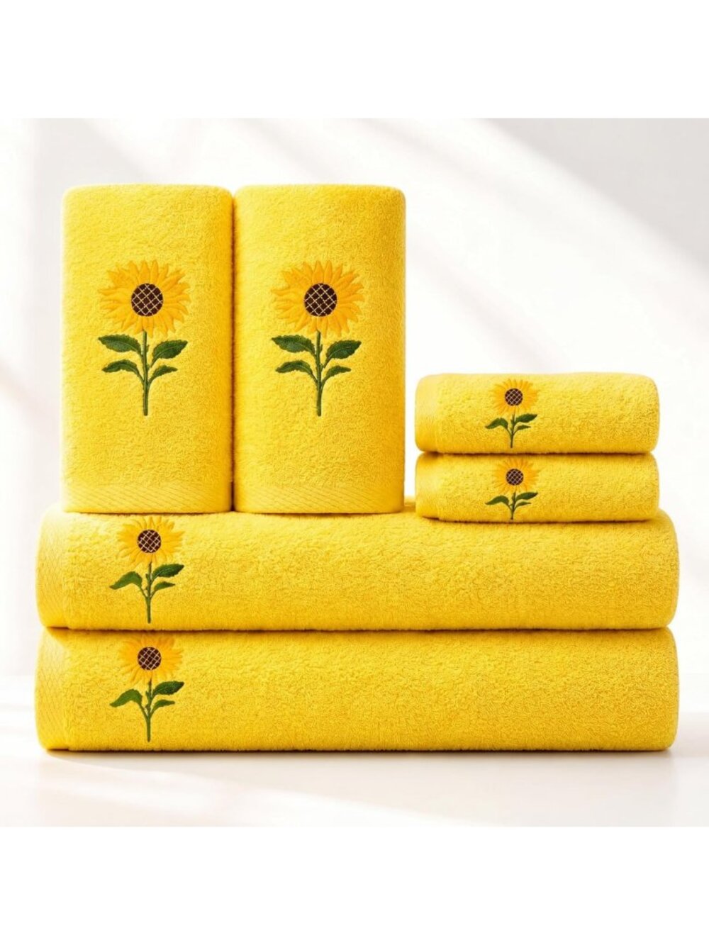 6 Pack Soft Yellow Bath Towels Set - Absorbent, Quick-Dry, Sunflower Design